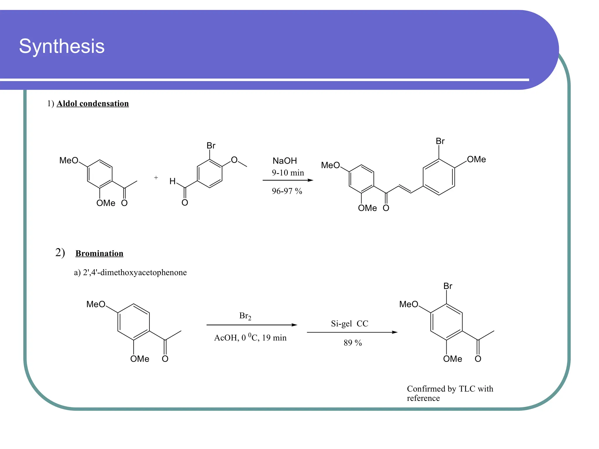 Synthesis
2)
MeO
OMe O
Bromination
a) 2',4'-dimethoxyacetophenone
Br2
AcOH, 0 0
C, 19 min
MeO
OMe O
Br
89 %
Si-gel CC
1) Aldol condensation
Confirmed by TLC with
reference
MeO
OMe O
+
H
O
O NaOH
MeO
OMe O
OMe
Br
Br
96-97 %
9-10 min
 