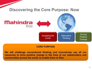 37
Discovering the Core Purpose: Now
CORE PURPOSE
We will challenge conventional thinking and innovatively use all our
resources to drive positive change in the lives of our stakeholders and
communities across the world, to enable them to Rise.
Alternative
Thinking
Driving
Positive
Change
Accepting No
Limits
 