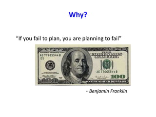 Why?
“If you fail to plan, you are planning to fail”
- Benjamin Franklin
 
