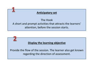 Anticipatory set
The Hook
A short and prompt activities that attracts the learners’
attention, before the session starts.
Display the learning objective
Provide the flow of the session. The learner also get known
regarding the direction of assessment.
 