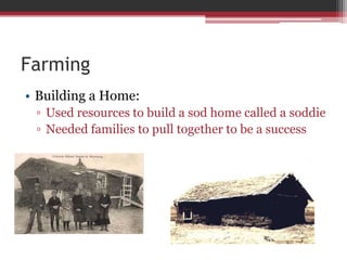 Farming Building a Home:Used resources to build a sod home called a soddieNeeded families to pull together to be a success