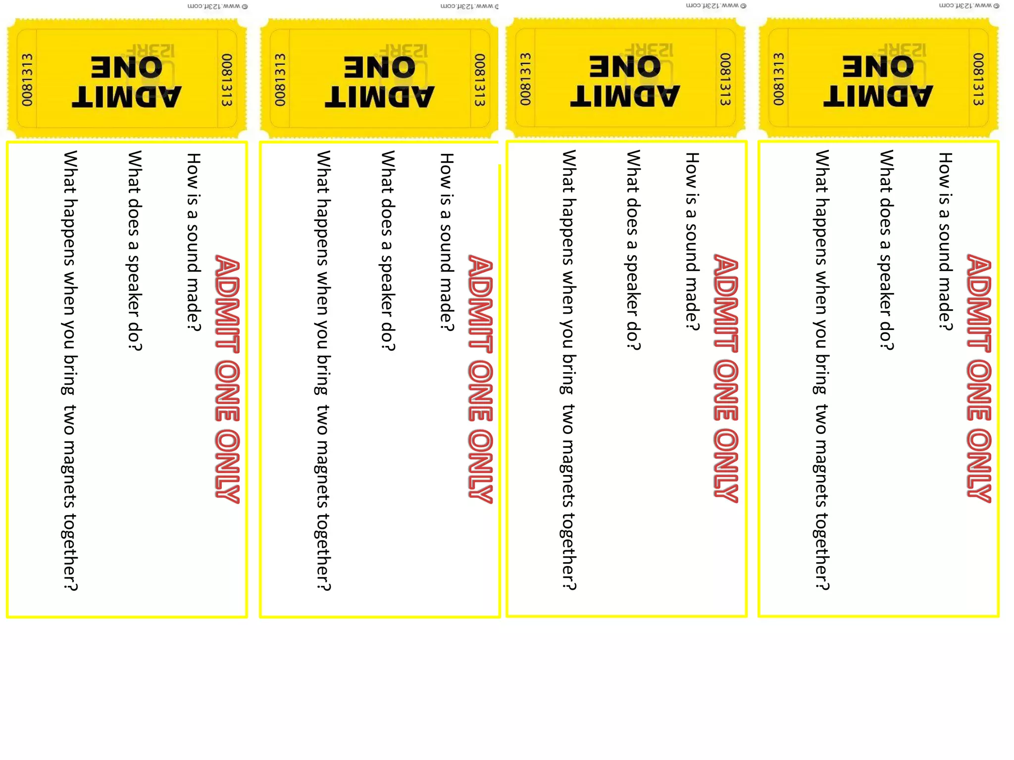 How is a sound made?
What does a speaker do?
What happens when you bring two magnets together?
How is a sound made?
What does a speaker do?
What happens when you bring two magnets together?
How is a sound made?
What does a speaker do?
What happens when you bring two magnets together?
How is a sound made?
What does a speaker do?
What happens when you bring two magnets together?
 