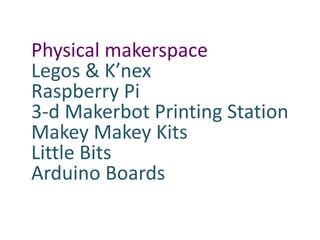 Physical makerspace
Legos & K’nex
Raspberry Pi
3-d Makerbot Printing Station
Makey Makey Kits
Little Bits
Arduino Boards
 