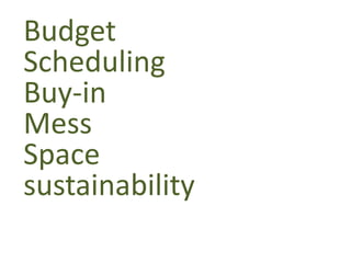 Budget
Scheduling
Buy-in
Mess
Space
sustainability
 