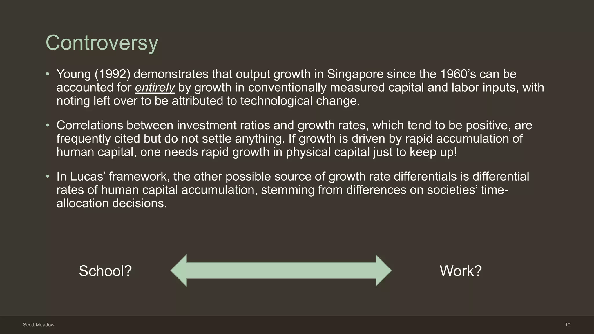 Controversy
• Young (1992) demonstrates that output growth in Singapore since the 1960’s can be
accounted for entirely by growth in conventionally measured capital and labor inputs, with
noting left over to be attributed to technological change.
• Correlations between investment ratios and growth rates, which tend to be positive, are
frequently cited but do not settle anything. If growth is driven by rapid accumulation of
human capital, one needs rapid growth in physical capital just to keep up!
• In Lucas’ framework, the other possible source of growth rate differentials is differential
rates of human capital accumulation, stemming from differences on societies’ time-
allocation decisions.
School? Work?
Scott Meadow 10
 