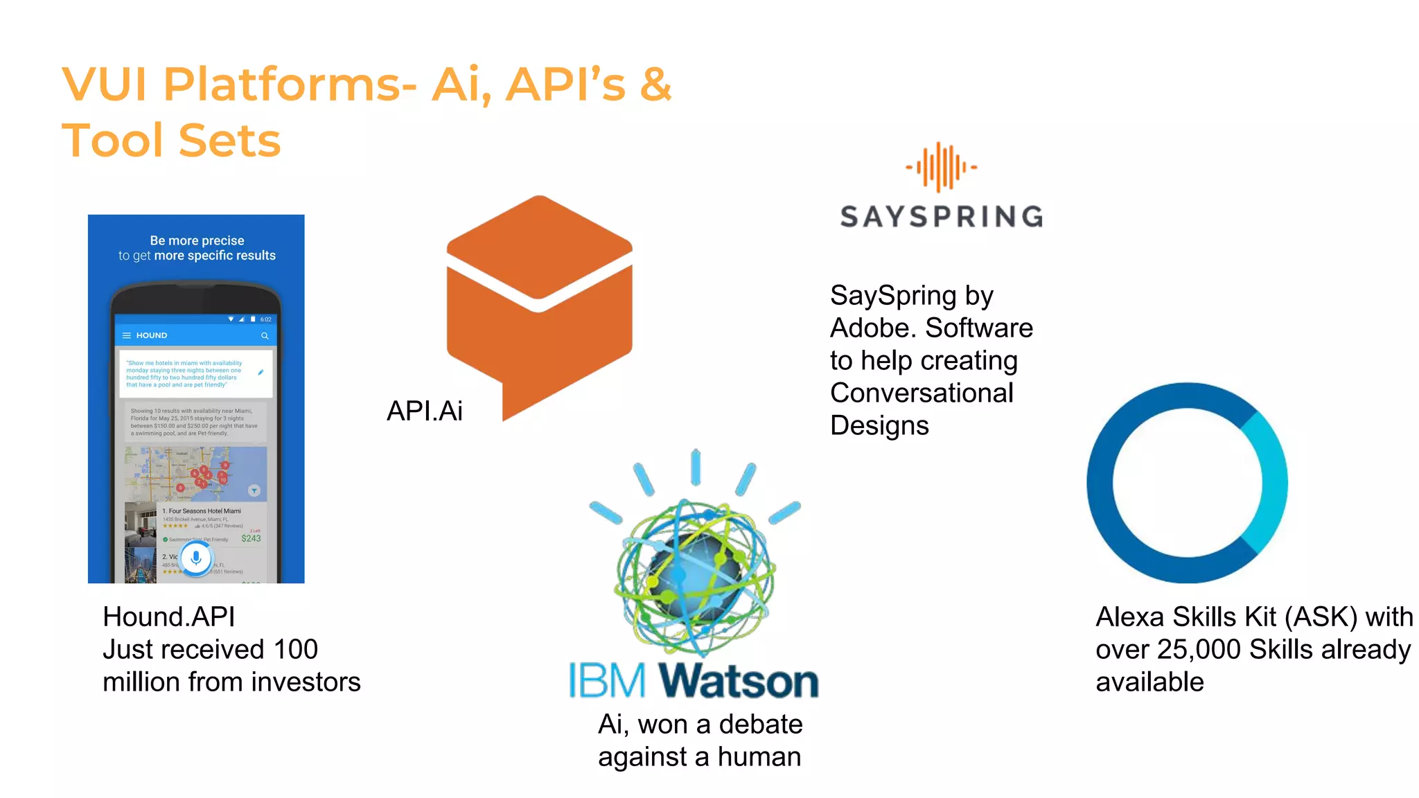 Alexa Skills Kit (ASK) with
over 25,000 Skills already
available
SaySpring by
Adobe. Software
to help creating
Conversational
Designs
API.Ai
Hound.API
Just received 100
million from investors
Ai, won a debate
against a human
 