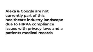 Alexa & Google are not
currently part of this
healthcare industry landscape
due to HIPPA compliance
issues with privacy laws and a
patients medical records
 