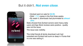 But it didn’t. Not even close.

         • Zynked went on sale for $2.99.
         • Sold 1,723 copies in the first three weeks.
         • By week 4, downloads had plummeted to almost
           zero.
      Stats showed that Zynked owners were heavy daily
      users and App Store reviews were positive - quality
      was not the issue.
      The issue was visibility.

      The initial friends & family download rush had
      subsided and Zynked had sunk so deep in iTunes that
      no one was seeing it.
 