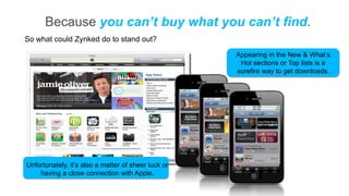 Because you can’t buy what you can’t find.
So what could Zynked do to stand out?

                                                     Appearing in the New & What’s
                                                      Hot sections or Top lists is a
                                                     surefire way to get downloads.




Unfortunately, it’s also a matter of sheer luck or
    having a close connection with Apple.
 