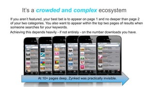 It’s a crowded and complex ecosystem
If you aren’t featured, your best bet is to appear on page 1 and no deeper than page 2
of your two categories. You also want to appear within the top two pages of results when
someone searches for your keywords.
Achieving this depends heavily - if not entirely - on the number downloads you have.




                  At 10+ pages deep, Zynked was practically invisible.
 