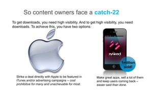 So content owners face a catch-22
To get downloads, you need high visibility. And to get high visibility, you need
downloads. To achieve this, you have two options:




                                                                          1million
                                                                           sold!

  Strike a deal directly with Apple to be featured in   Make great apps, sell a lot of them
  iTunes and/or advertising campaigns – cost            and keep users coming back –
  prohibitive for many and unachievable for most.       easier said than done.
 
