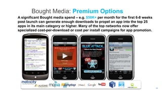 Bought Media: Premium Options
A significant Bought media spend – e.g. $50K+ per month for the first 6-8 weeks
post launch can generate enough downloads to propel an app into the top 25
apps in its main category or higher. Many of the top networks now offer
specialized cost-per-download or cost per install campaigns for app promotion.




                                                                                  25
 