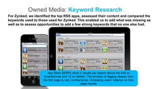 Owned Media: Keyword Research
For Zynked, we identified the top RSS apps, assessed their content and compared the
keywords used to those used for Zynked. This enabled us to add what was missing as
well as to assess opportunities to add a few strong keywords that no one else had.




                       App Store SERPs show 5 results per search above the fold on
                     smartphones and 12 on tablets. The process of digging deeper than
                    the first page is very cumbersome, increasing users’ reliance on first-
                                                page results.
 