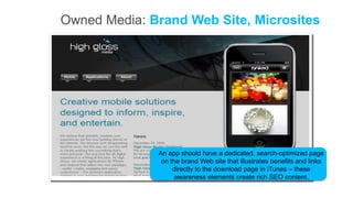 Owned Media: Brand Web Site, Microsites




              An app should have a dedicated, search-optimized page
               on the brand Web site that illustrates benefits and links
                   directly to the download page in iTunes – these
                   awareness elements create rich SEO content.
 