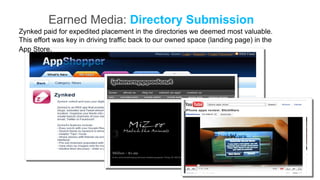 Earned Media: Directory Submission
Zynked paid for expedited placement in the directories we deemed most valuable.
This effort was key in driving traffic back to our owned space (landing page) in the
App Store.
 