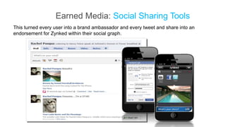 Earned Media: Social Sharing Tools
This turned every user into a brand ambassador and every tweet and share into an
endorsement for Zynked within their social graph.
 