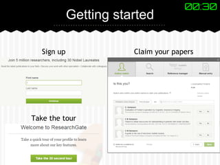 Getting started 
00:30 
Sign up Claim your papers 
Take the tour 
 