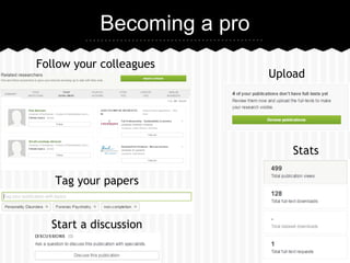 Becoming a pro 
Follow your colleagues 
Upload 
Stats 
Tag your papers 
Start a discussion 
 