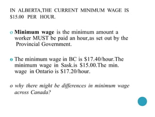 IN ALBERTA,THE CURRENT MINIMUM WAGE IS
$15.00 PER HOUR.
o Minimum wage is the minimum amount a
worker MUST be paid an hour,as set out by the
Provincial Government.
o The minimum wage in BC is $17.40/hour.The
minimum wage in Sask.is $15.00.The min.
wage in Ontario is $17.20/hour.
o why there might be differences in minimum wage
across Canada?
 