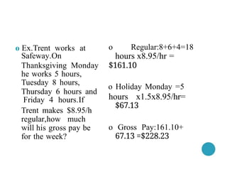 o Regular:8+6+4=18
hours x8.95/hr =
$161.10
o Holiday Monday =5
hours x1.5x8.95/hr=
$67.13
o Gross Pay:161.10+
67.13 =$228.23
o Ex.Trent works at
Safeway.On
Thanksgiving Monday
he works 5 hours,
Tuesday 8 hours,
Thursday 6 hours and
Friday 4 hours.If
Trent makes $8.95/h
regular,how much
will his gross pay be
for the week?
 