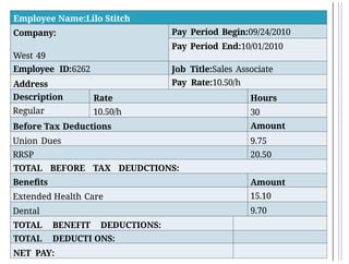 Employee Name:Lilo Stitch
Company:
West 49
Pay Period Begin:09/24/2010
Pay Period End:10/01/2010
Employee ID:6262 Job Title:Sales Associate
Address Pay Rate:10.50/h
Description Rate Hours
Regular 10.50/h 30
Before Tax Deductions Amount
Union Dues 9.75
RRSP 20.50
TOTAL BEFORE TAX DEUDCTIONS:
Benefits Amount
Extended Health Care 15.10
Dental 9.70
TOTAL BENEFIT DEDUCTIONS:
TOTAL DEDUCTI ONS:
NET PAY:
 