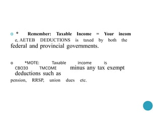 о * Remember: Taxable Income = Your incom
e, АЕТЕВ DЕDUСТIONS is taxed by both the
federal and provincial governments.
о *МОТЕ: Taхable income is
СВОЭЗ ТМСОМЕ minus any tax exempt
deductions such as
pension, RRSP, union dues etc.
 