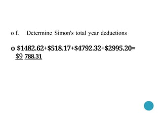 o f. Determine Simon's total year deductions
o $1482.62+$518.17+$4792.32+$2995.20=
$9 788.31
 