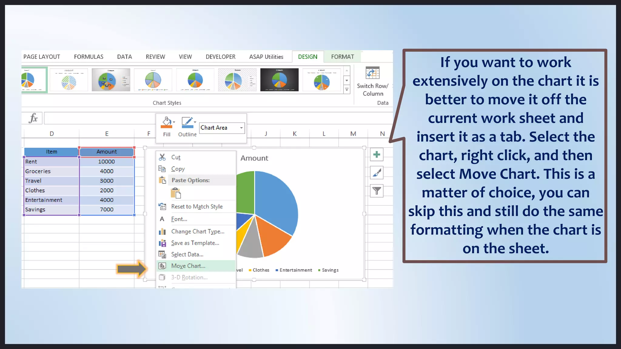 If you want to work
extensively on the chart it is
better to move it off the
current work sheet and
insert it as a tab. Select the
chart, right click, and then
select Move Chart. This is a
matter of choice, you can
skip this and still do the same
formatting when the chart is
on the sheet.
 