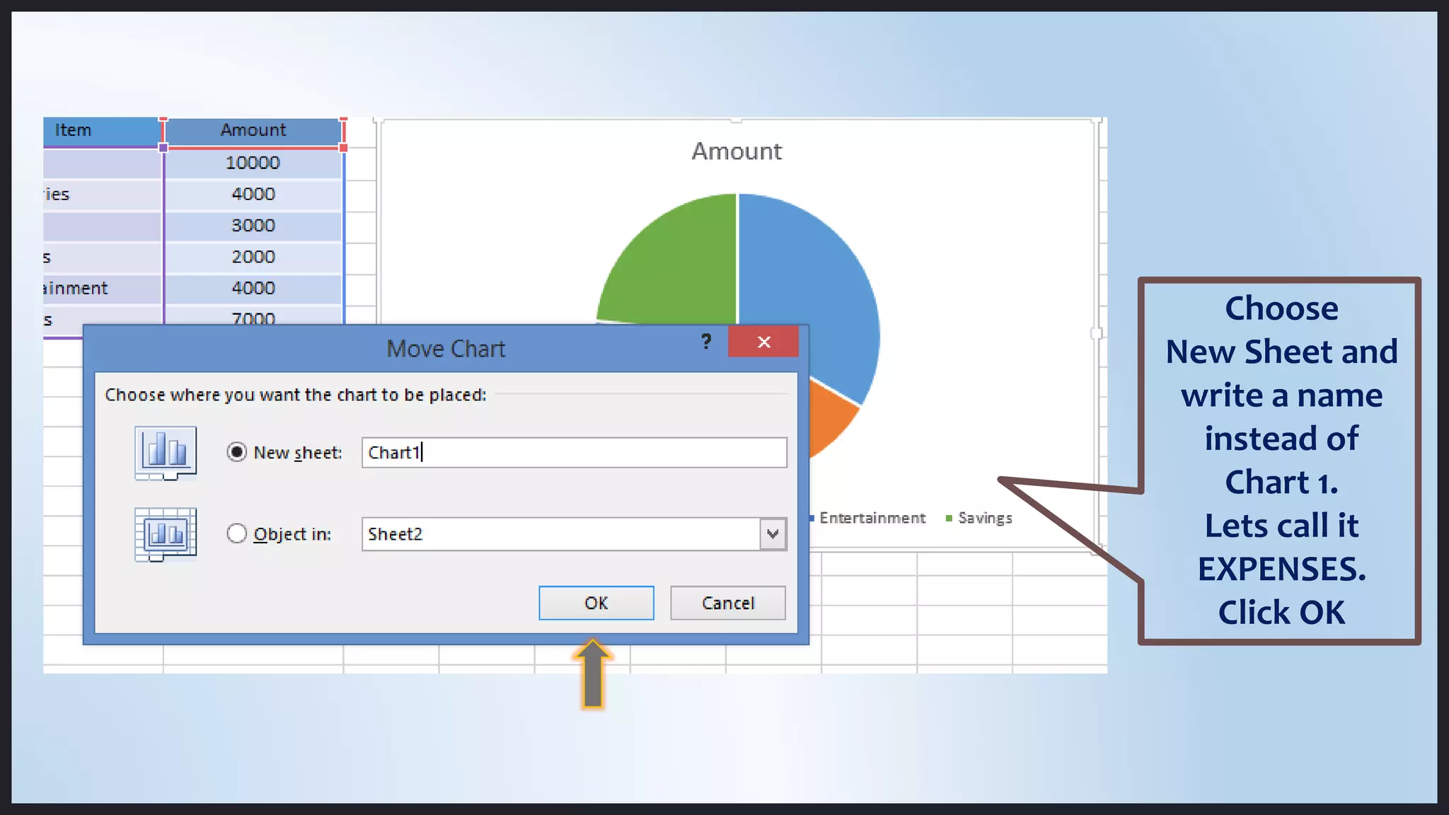 Choose
New Sheet and
write a name
instead of
Chart 1.
Lets call it
EXPENSES.
Click OK
 