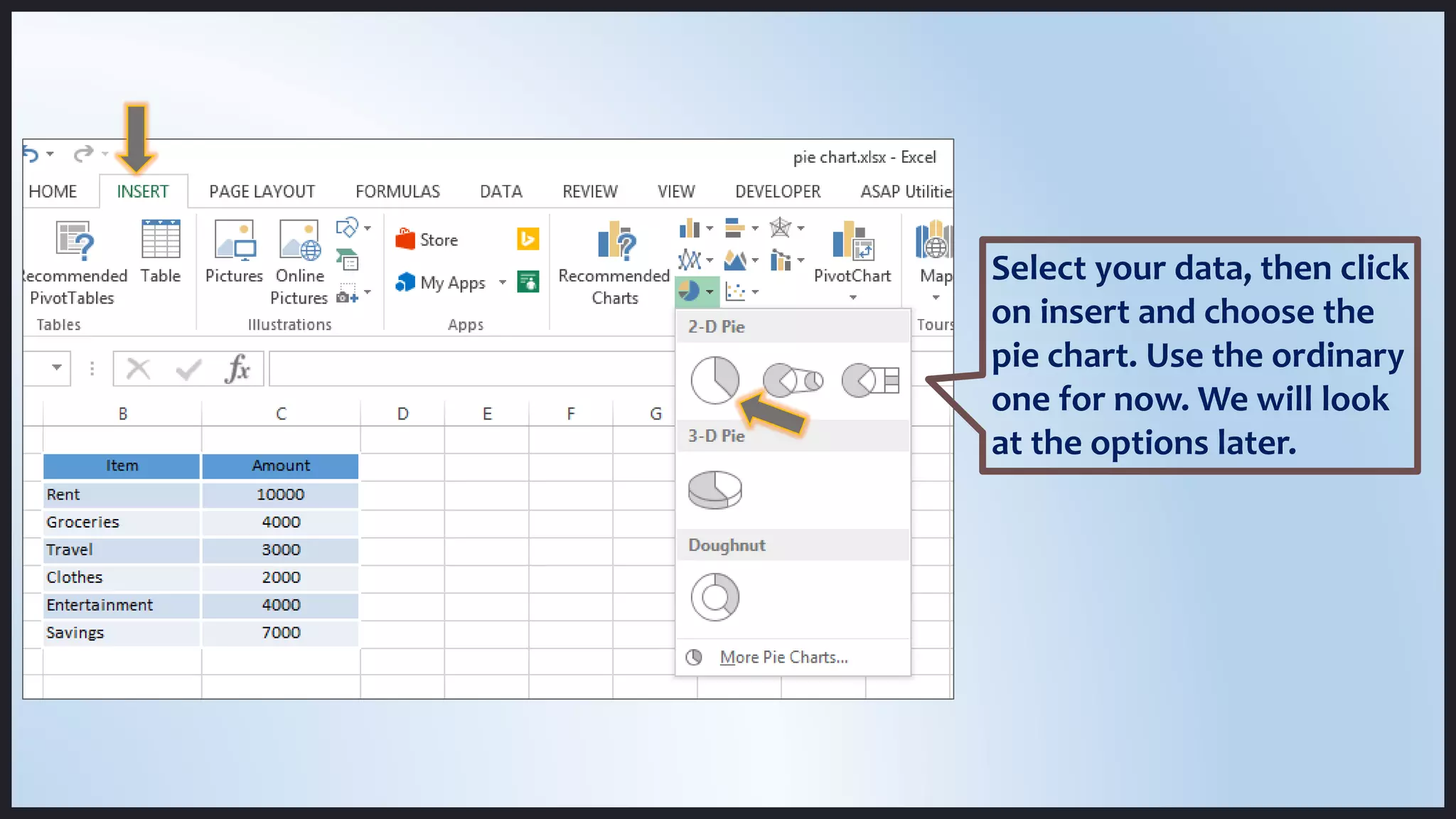 Select your data, then click
on insert and choose the
pie chart. Use the ordinary
one for now. We will look
at the options later.
 