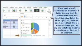 If you want to work
extensively on the chart it is
better to move it off the
current work sheet and
insert it as a tab. Select the
chart, right click, and then
select Move Chart. This is a
matter of choice, you can
skip this and still do the same
formatting when the chart is
on the sheet.
 