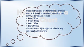 These instructions are for making a chart in
Microsoft Excel. If you don’t have that you
can try alternatives such as
Free Office
Open Office
WPS Office
Libre Office
There may be a slight difference in the way
these applications work.
 