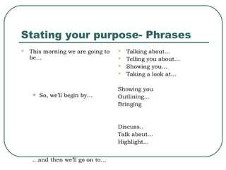 Stating your purpose- Phrases


This morning we are going to
be…






•

So, we’ll begin by…

Talking about…
Telling you about…
Showing you…
Taking a look at…

Showing you
Outlining…
Bringing

Discuss..
Talk about…
Highlight…
…and then we’ll go on to…

 