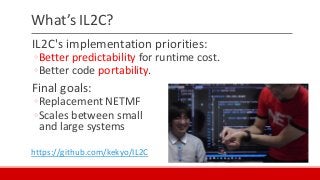 What’s IL2C?
IL2C's implementation priorities:
◦Better predictability for runtime cost.
◦Better code portability.
Final goals:
◦Replacement NETMF
◦Scales between small
and large systems
https://github.com/kekyo/IL2C
 