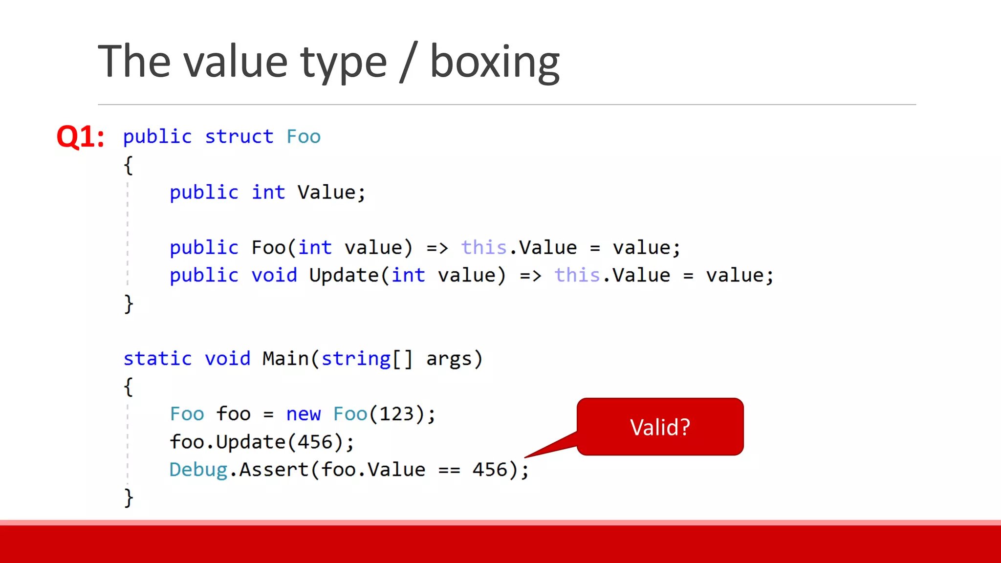 The value type / boxing
Valid?
Q1:
 