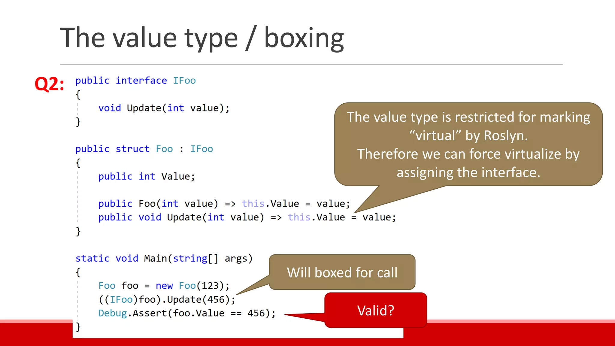 The value type / boxing
Valid?
The value type is restricted for marking
“virtual” by Roslyn.
Therefore we can force virtualize by
assigning the interface.
Will boxed for call
Q2:
 