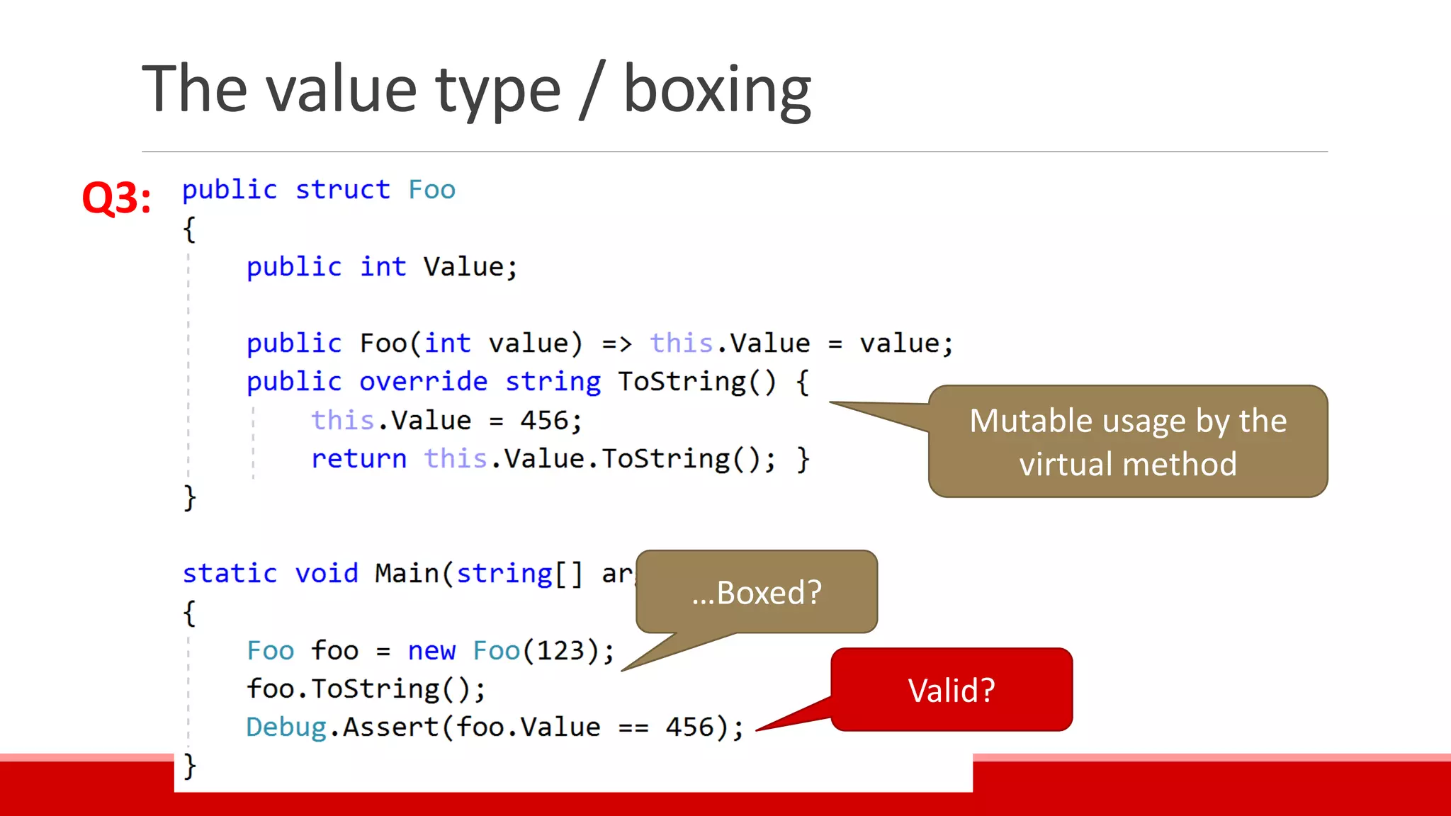 The value type / boxing
Valid?
Mutable usage by the
virtual method
…Boxed?
Q3:
 