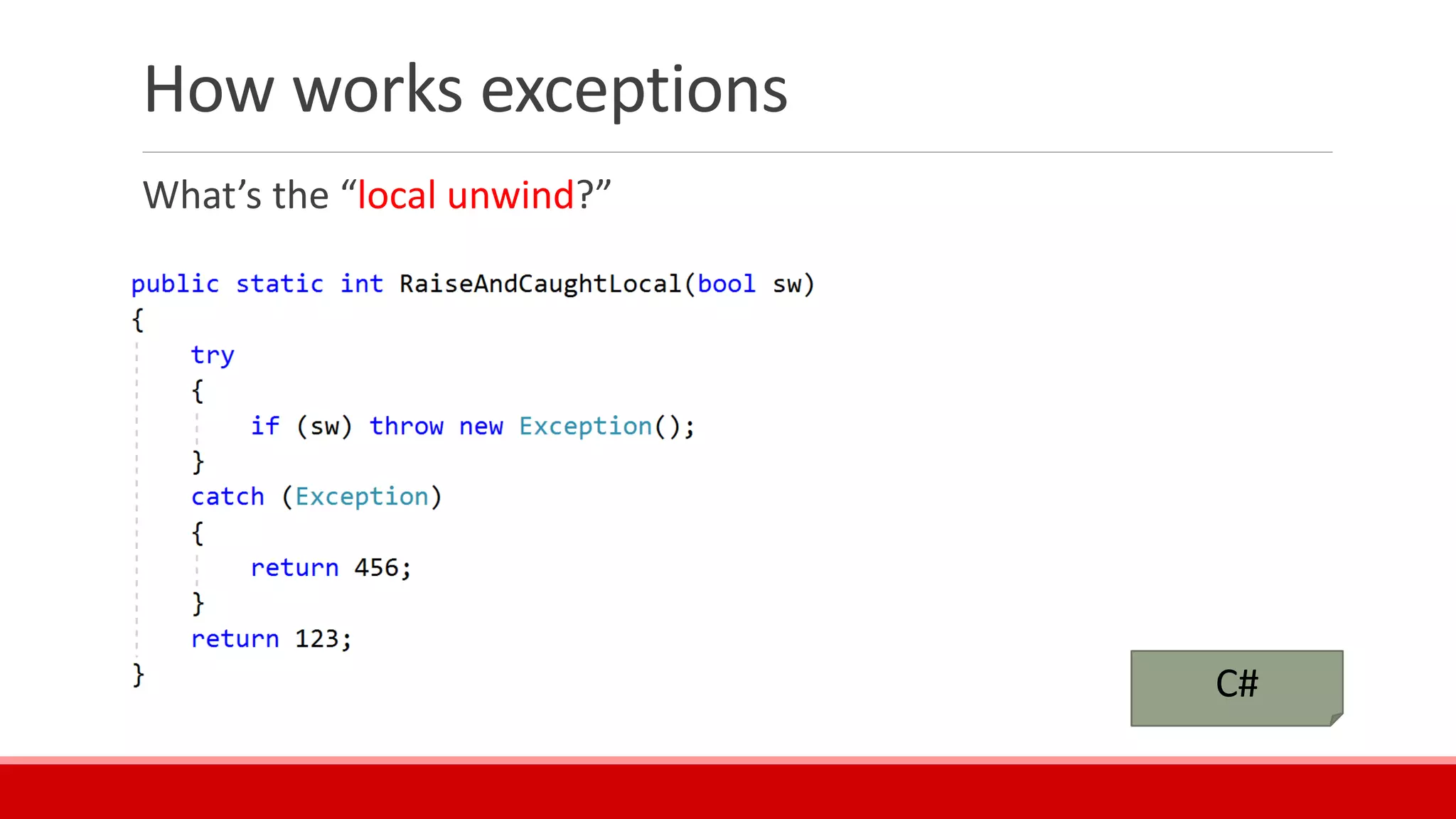 How works exceptions
What’s the “local unwind?”
C#
 