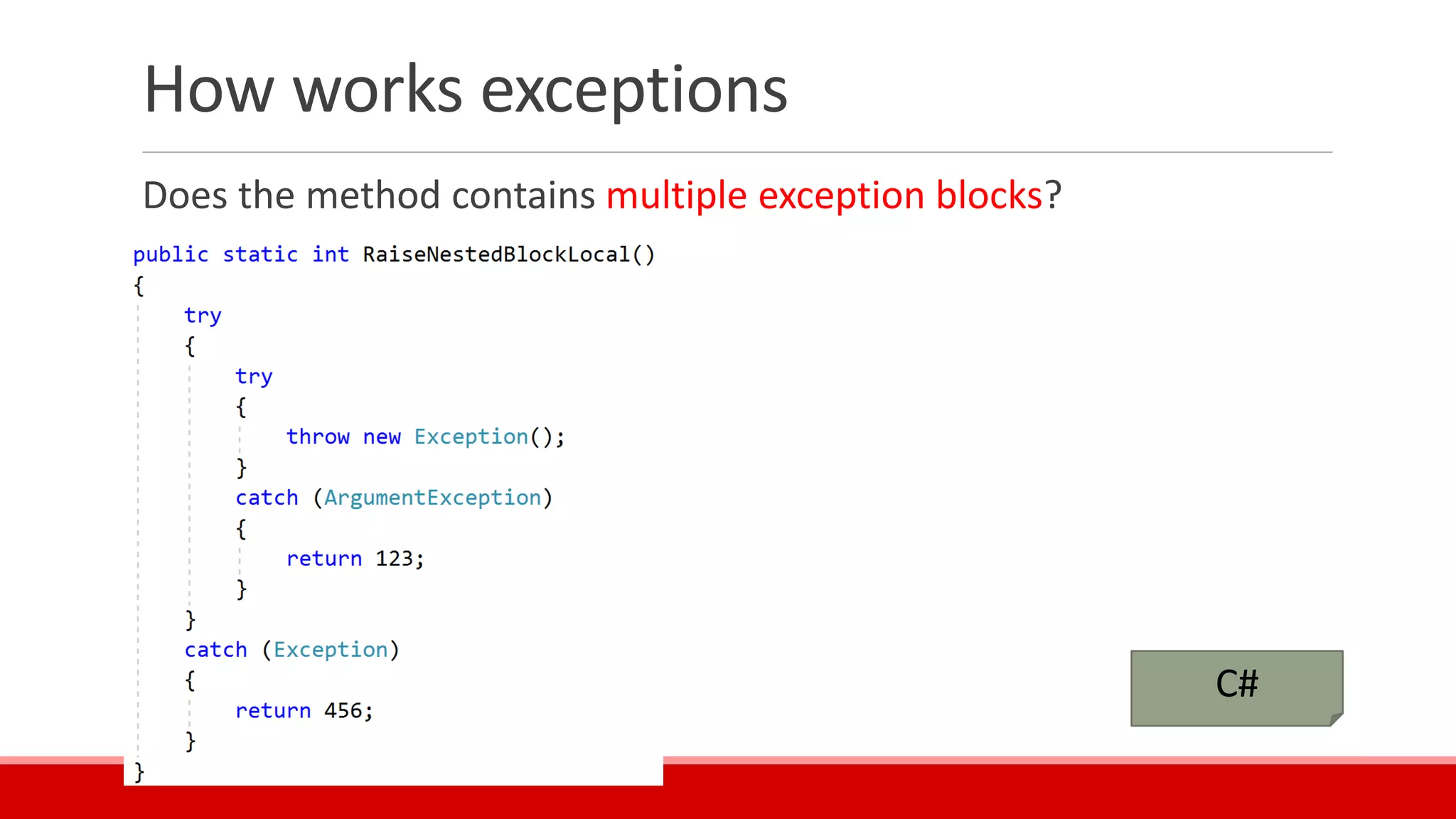 How works exceptions
Does the method contains multiple exception blocks?
C#
 