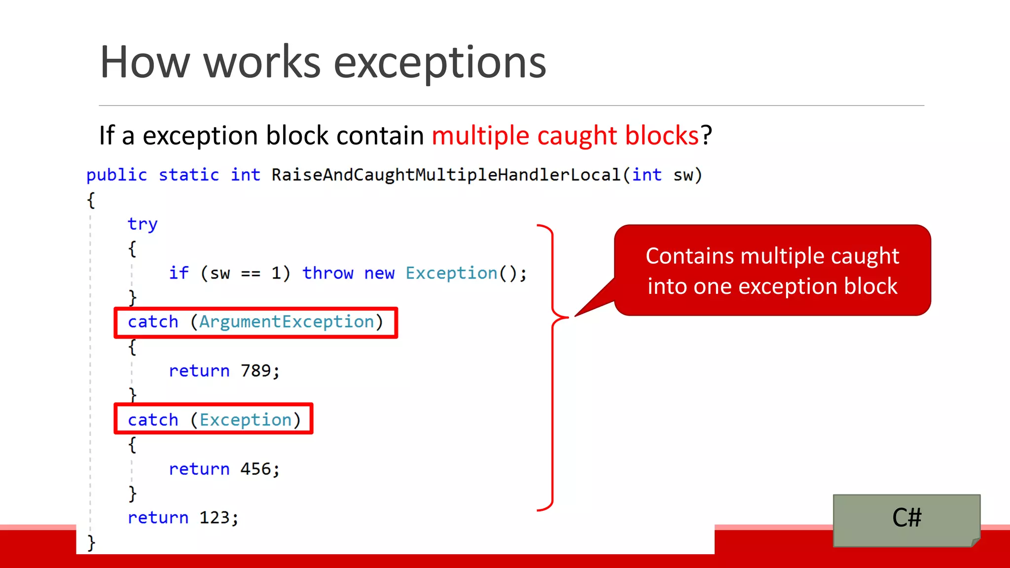 How works exceptions
If a exception block contain multiple caught blocks?
C#
Contains multiple caught
into one exception block
 