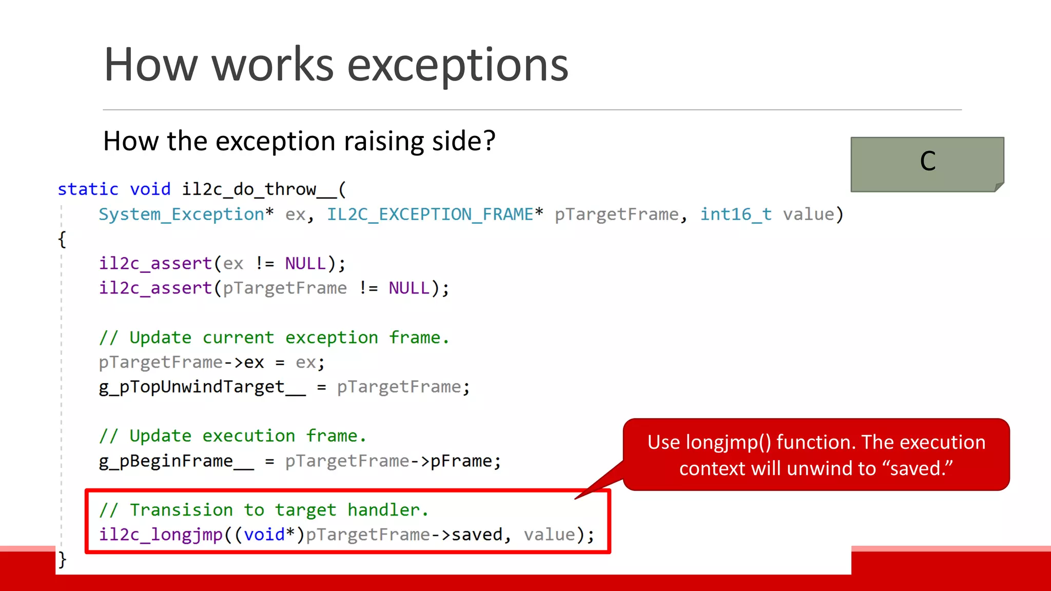 How works exceptions
C
Use longjmp() function. The execution
context will unwind to “saved.”
How the exception raising side?
 