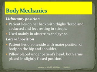 Lithotomy position
 Patient lies on her back with thighs flexed and
abducted and feet resting in stirups.
 Used mainly in obstetrics and gynae.
Lateral position
 Patient lies on one side with major position of
body on the hip and shoulder.
 Pillow placed under patient’s head, both arms
placed in slightly flexed position.
11/6/2019prepared by JONES H.M-MBA
 