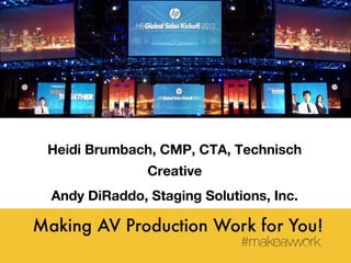 Making AV Production
Work for You!
Work for You!
Heidi Brumbach, CMP, CTA, Technisch
Creative
Andy DiRaddo, Staging Solutions, Inc.

 