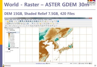 World - Raster – ASTER GDEM 30m
10
DEM 15GB, Shaded Relief 7.5GB, 420 Files
 