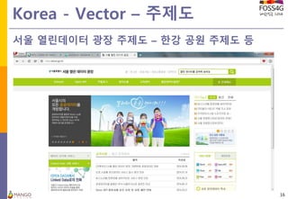 Korea - Vector – 주제도
16
서울 열린데이터 광장 주제도 – 한강 공원 주제도 등
 