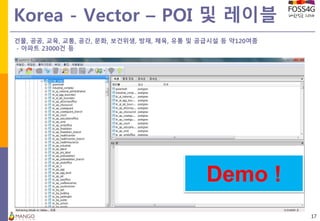Korea - Vector – POI 및 레이블
17
건물, 공공, 교육, 교통, 공간, 문화, 보건위생, 방재, 체육, 유통 및 공급시설 등 약120여종
- 아파트 23000건 등
Demo !
 