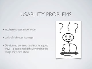 USABILITY PROBLEMS

• Incoherent    user experience

• Lack   of rich user journeys

• Distributedcontent (and not in a go...