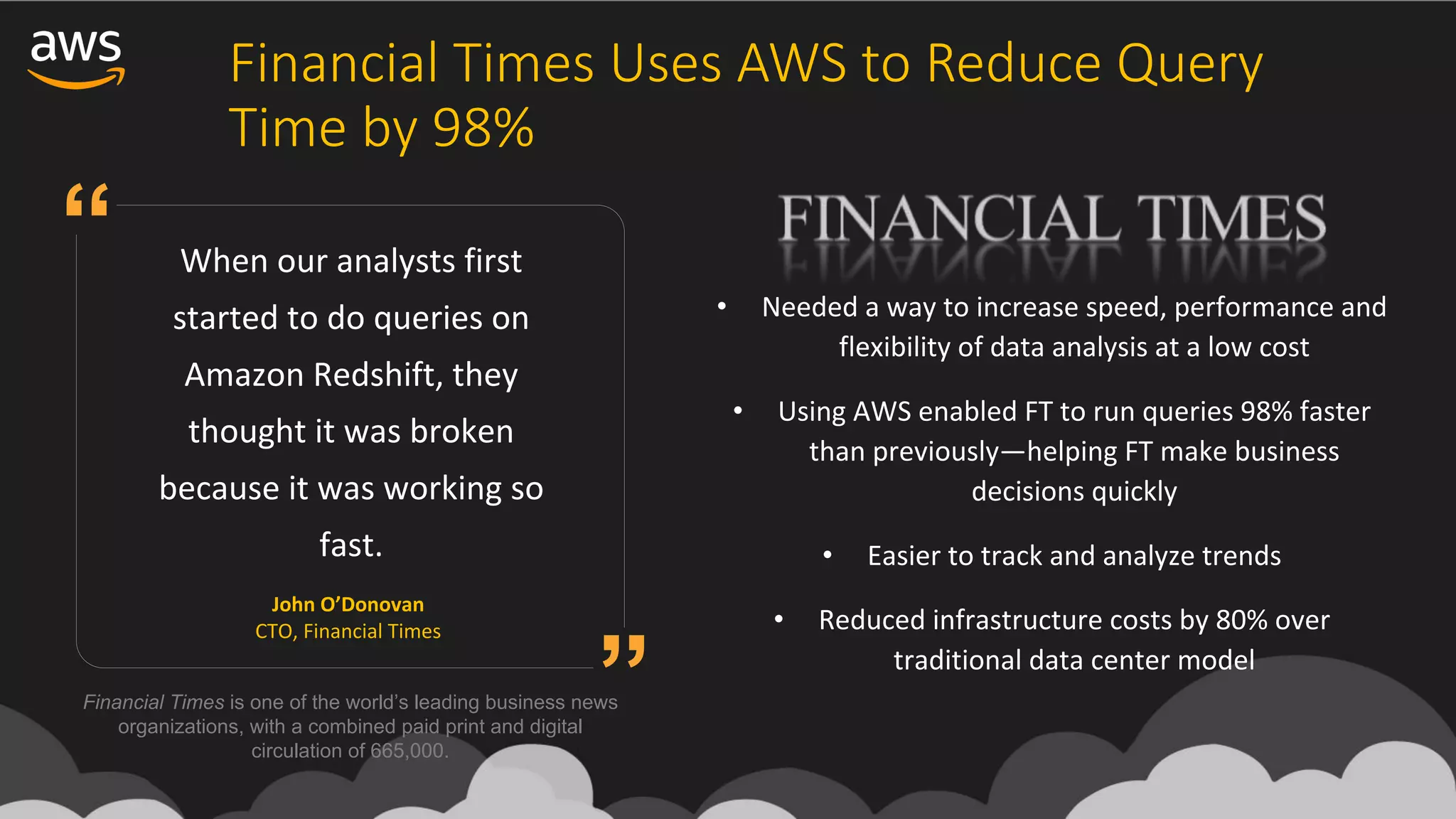 Financial	Times	Uses	AWS	to	Reduce	Query	
Time	by	98%
Financial Times is one of the world’s leading business news
organizations, with a combined paid print and digital
circulation of 665,000.
When	our	analysts	first	
started	to	do	queries	on	
Amazon	Redshift,	they	
thought	it	was	broken	
because	it	was	working	so	
fast.
• Needed	a	way	to	increase	speed,	performance	and	
flexibility	of	data	analysis	at	a	low	cost
• Using	AWS	enabled	FT	to	run	queries	98%	faster	
than	previously—helping	FT	make	business	
decisions	quickly
• Easier	to	track	and	analyze	trends	
• Reduced	infrastructure	costs	by	80%	over	
traditional	data	center	model
John	O’Donovan
CTO,	Financial	Times
”
“
 