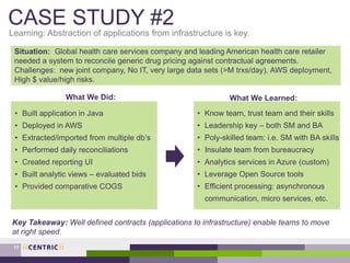 CASE STUDY #2
Learning: Abstraction of applications from infrastructure is key.
17
Situation: Global health care services company and leading American health care retailer
needed a system to reconcile generic drug pricing against contractual agreements.
Challenges: new joint company, No IT, very large data sets (>M trxs/day), AWS deployment,
High $ value/high risks.
What We Did: What We Learned:
• Built application in Java
• Deployed in AWS
• Extracted/imported from multiple db’s
• Performed daily reconciliations
• Created reporting UI
• Built analytic views – evaluated bids
• Provided comparative COGS
• Know team, trust team and their skills
• Leadership key – both SM and BA
• Poly-skilled team: i.e. SM with BA skills
• Insulate team from bureaucracy
• Analytics services in Azure (custom)
• Leverage Open Source tools
• Efficient processing: asynchronous
communication, micro services, etc.
Key Takeaway: Well defined contracts (applications to infrastructure) enable teams to move
at right speed.
 