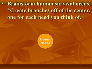 • Brainstorm human survival needs.Brainstorm human survival needs.
*Create branches off of the center,*Create branches off of the center,
one for each need you think of.one for each need you think of.
 